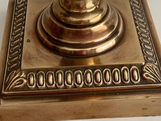 Image 1 of Duo di lampade a olio da salotto Inizio XX secolo Bronzo Terracotta Rame Giallo Cristallo