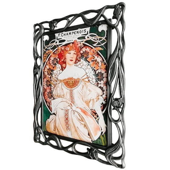 Image 1 of Vintage Art Nouveau Alphonse Mucha painting Champenois floral photo frame metal