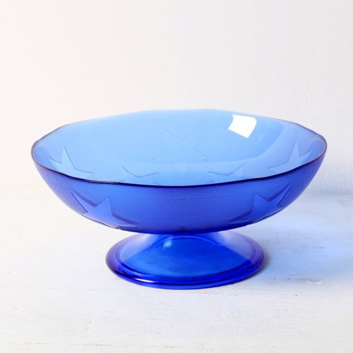 Blue Pressed Glass Pedestal Bowl with Stars Pattern / Italy / 2000s