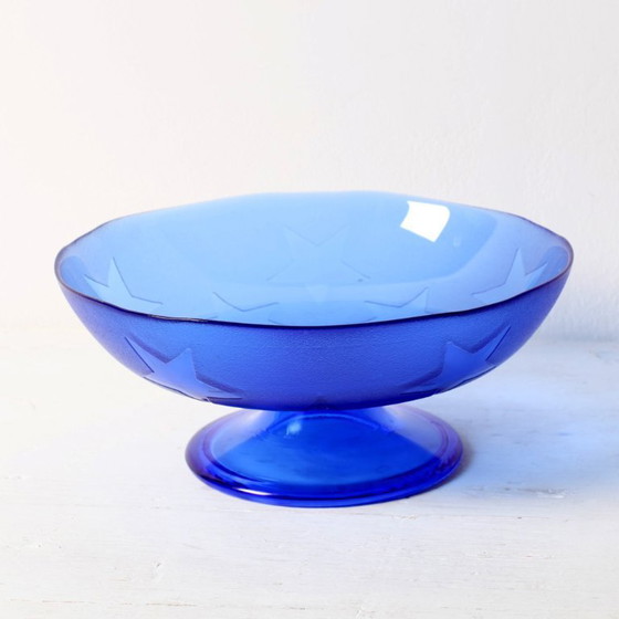 Image 1 of Blue Pressed Glass Pedestal Bowl with Stars Pattern / Italy / 2000s