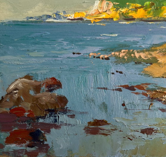 Image 1 of Original Oil Painting Sea Coastal Landscape Silence at the foot of the mountains