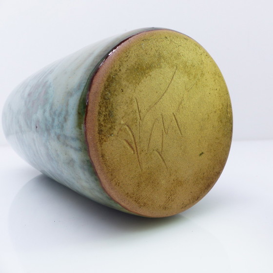 Image 1 of Vase bouteille en grès émaillé vert à reflets cuivrés dlg Ruelland 1960-1970