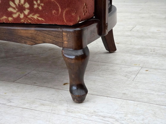 Image 1 of Sofá danés de 3 plazas, década de 1950, terciopelo rosa salmón, malla para muebles, madera de haya oscura.