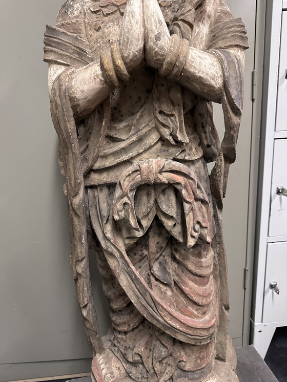 Image 1 of Monumentale, handgeschnitzte chinesische/südostasiatische Tempelstatue aus Holz – Polychromie – 128 cm (Guanyin/Bodhisattva)