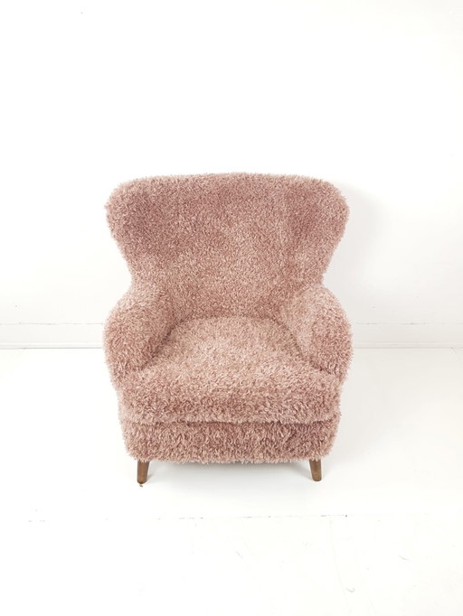 Vintage armchair newly upholstered pink soft doodle fabric