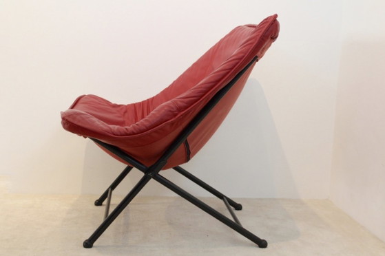 Molinari Foldable Easy Chairs Designed by Teun Van Zanten, Armchairs, Leather, Metal, Red, Mid Century Modern (photo 6 of 10)