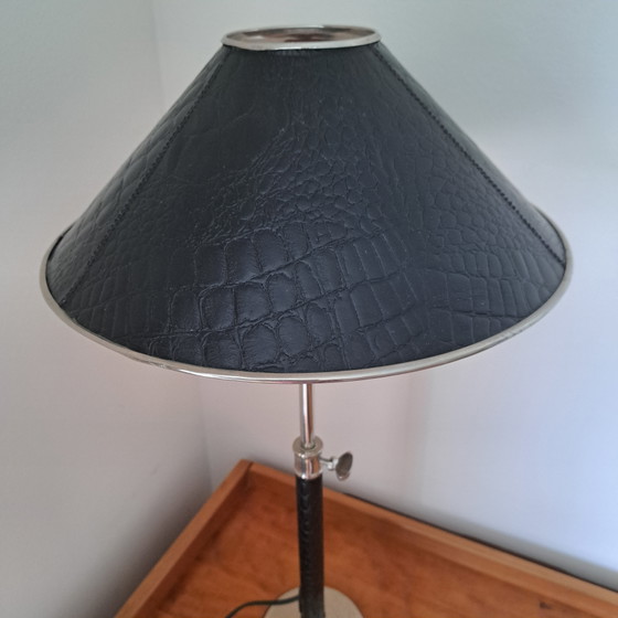 Vintage Chrome & Croco-Effect Table Lamp – Adjustable – Adnet Style – 1970s/80s – Metal, Leather (photo 3 of 6)