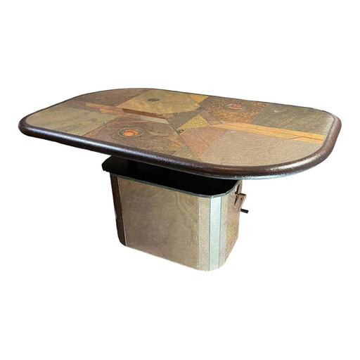 Table basse brutaliste en pierre, cuivre et laiton par Paul Kingma, années 1970