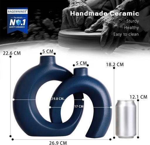 Vase Bleu Céramique Set de 2 - Vase Design pour Pampa et Fleurs Séchées, Vase Fleurs Décoration Maison Moderne, Vases Décoration