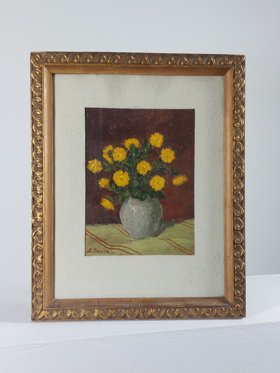 Image 1 of Magnifique peinture à l'huile, nature morte, vase de fleurs, années 1950, cadre sculpté à la main