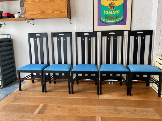 Set of 5 Ingram chairs – after a design by Charles Rennie Mackintosh – – Dining chairs, Wood, Textile (photo 2 of 10)