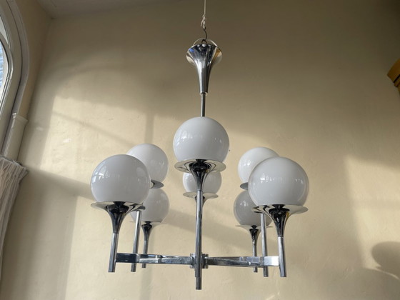 Image 1 of Lamp Pendant Lamp Vintage 60s Chromed 8 Arms White Bulbs French