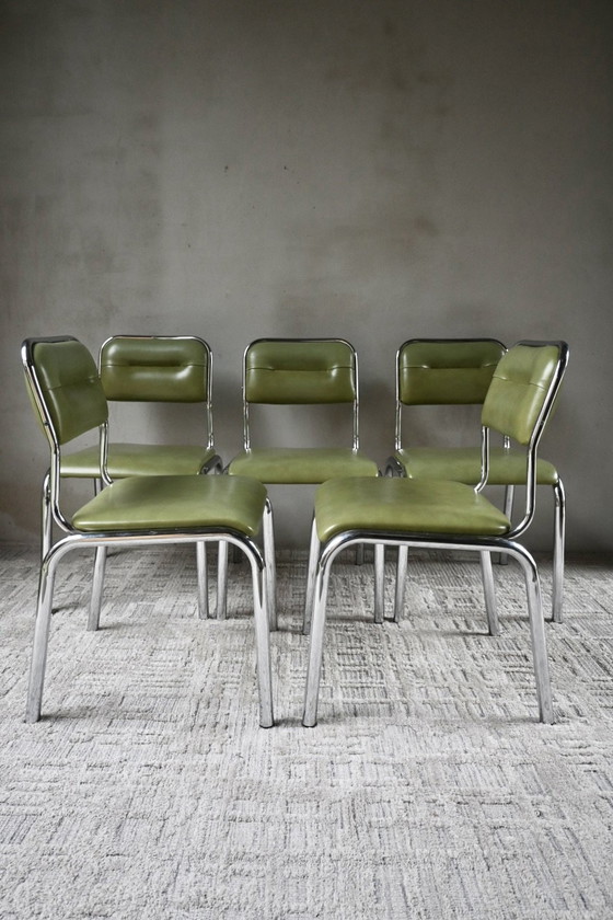 Set of 5 characteristic mid-century dining chairs 50/60, Chrome, Skai, Green (photo 6 of 13)