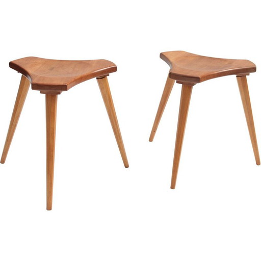 Pair of vintage tabourets en hêtre et orme, France, 1950s