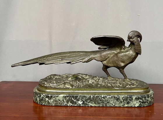 René André Varnier. Figura de bronce de un faisán sobre una base de mármol verde. – Esculturas, Bronze, Marble (photo 7 of 7)