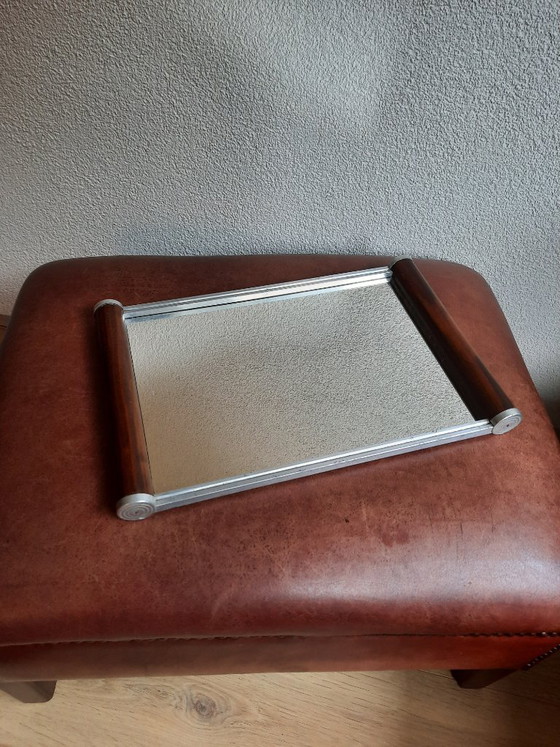 Vintage Art Deco Style Tray with Wooden Handles and Mirrored Top – Table accessories, Glass, Metal (photo 4 of 5)