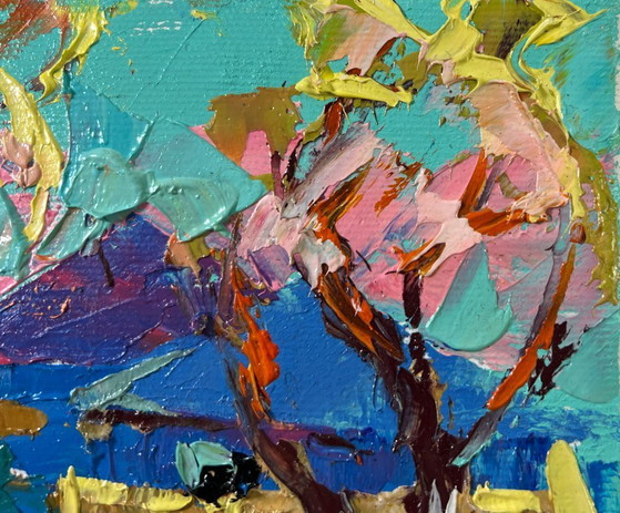 Image 1 of Origineel olieverfschilderij: Kleurrijk dorpslandschap, ontwakende lente