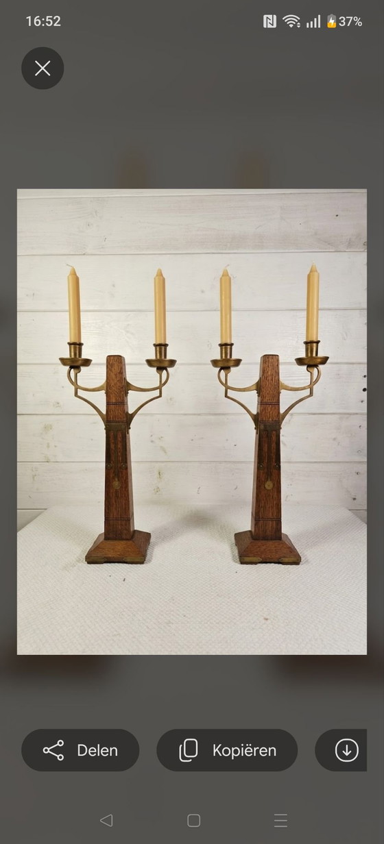 Rare Pair of Art Deco / Amsterdam School Candle holders, Amsterdamse School Kandelaars, Wood, Brass, Brown (photo 4 of 15)