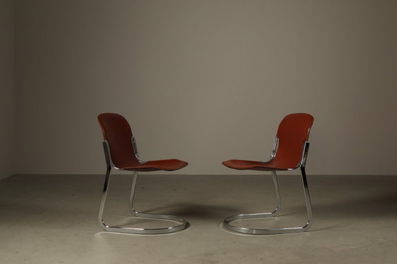Image 1 of Set of six leather cantilever dining chairs by Willy Rizzo for Cidue, Italy 1970s