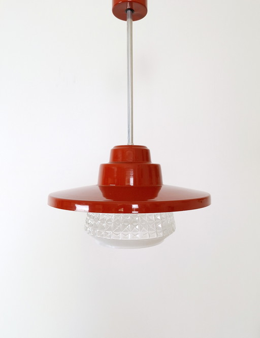Vintage Red Pendant Light / Hanging Light Glass and Metal / Retro Kitchen / Mid Century / Lighting / Ceiling Light