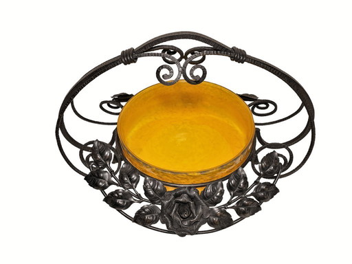 Panier floral Art Déco français - Centre de table : coupe à fruits en verre et fer forgé Delatte Nancy