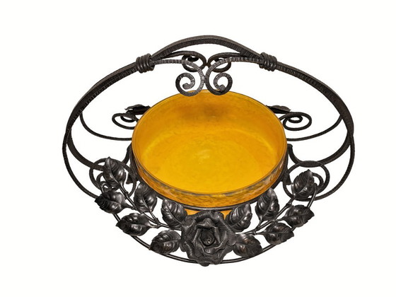 Image 1 of Panier floral Art Déco français - Centre de table : coupe à fruits en verre et fer forgé Delatte Nancy