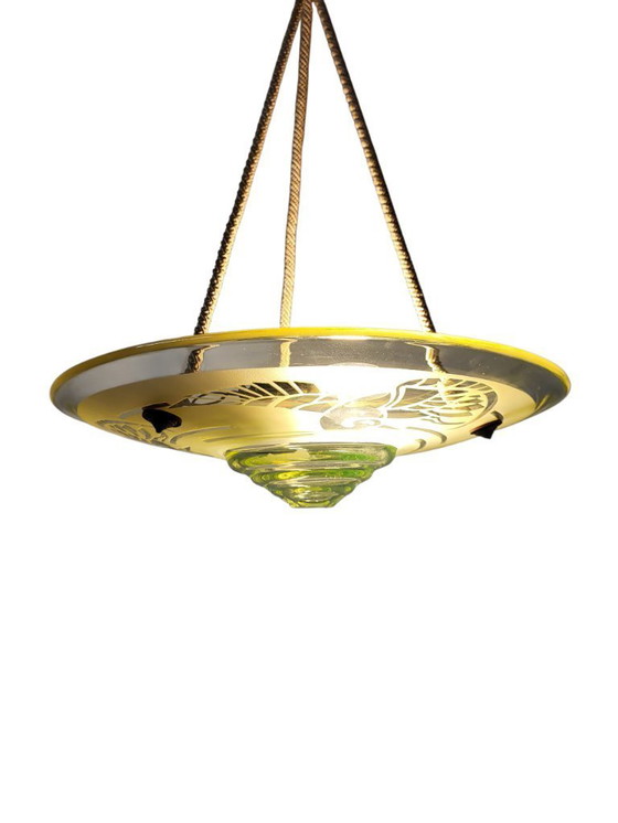 Image 1 of Very rare French Art Deco uranium chandelier from ca. 1925 by André Delatte with etched bird motif