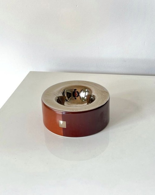 REVOL Vintage Round Porcelain Ashtray - Brown and Silver - Made in France