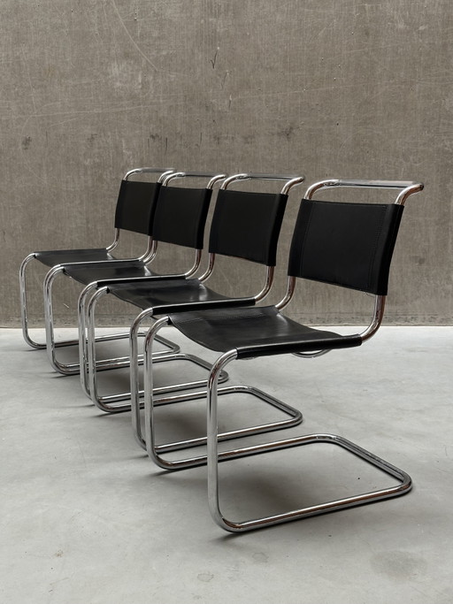 4x Mart Stam S33 Stühle, FASEM Chrom und Sattelleder, Italien '70
