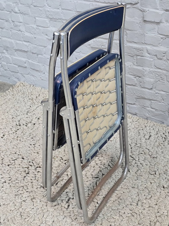 Mid-Century Design First Edition Patented Deep Blue Dico Folding Chairs, Set of 2, Netherlands, 1940s – Chrome (photo 8 of 9)