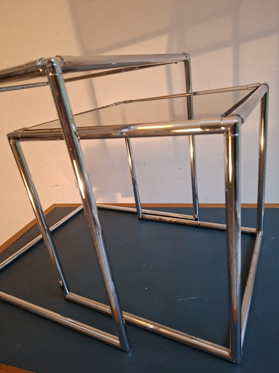 Two Vintage Nesting Side tables, Abstracta Modular System Poul Cadovius – Chrome, Glass (photo 5 of 15)