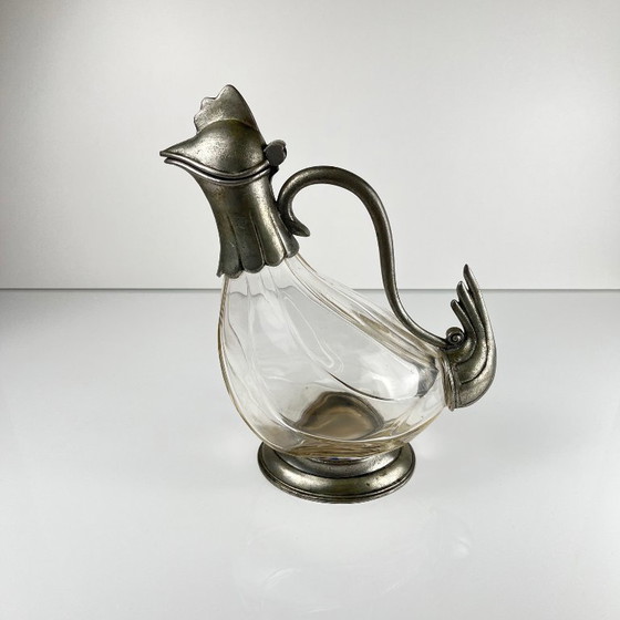 Image 1 of Calice a forma di gallo zoomorfo in vetro e peltro, stile Art Déco, 1930-1950 ca.