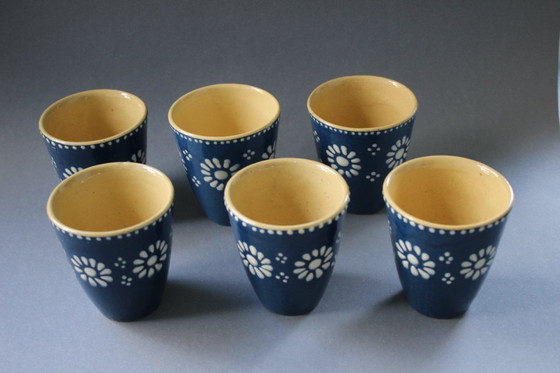 Image 1 of Vintage stoneware drinking cups, blue with white flowers, 6 pieces