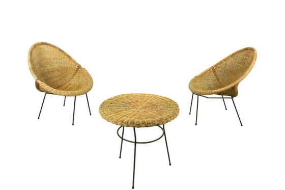 Image 1 of 1950s Italian Rattan Basket Chairs & Matching Bistro Table Set