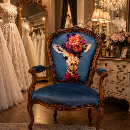Fauteuil vintage style Louis XV – Motif girafe – vergaderstoel, Velvet, Wood