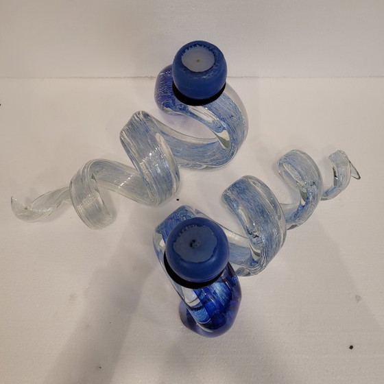 Image 1 of Pair of blue spiral candlesticks, glass, 80's - France