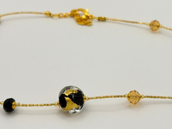 Image 1 of Murano Glass Necklace with Gold Leaf – Black Pearls and Crystal – Venetian Craftsmanship