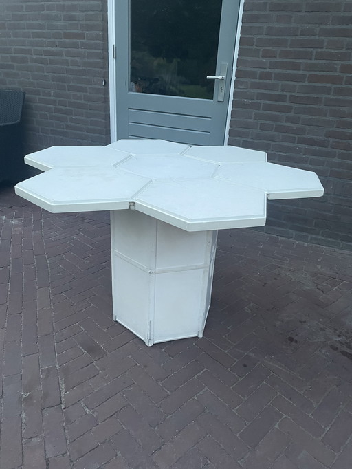 Rare modular honeycomb table with stackable stools — vintage design (possibly prototype or limited edition)