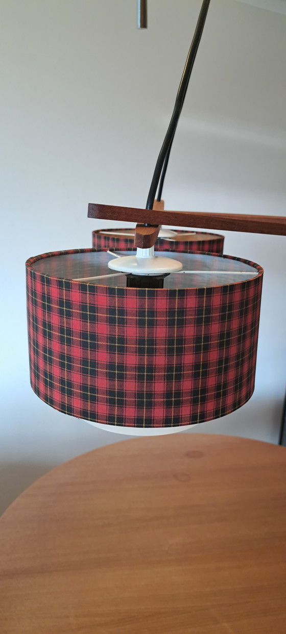 Image 1 of Vintage 1970s Ceiling Lamp | Scandinavian Retro Pendant Light with Teak & Checkered Shades