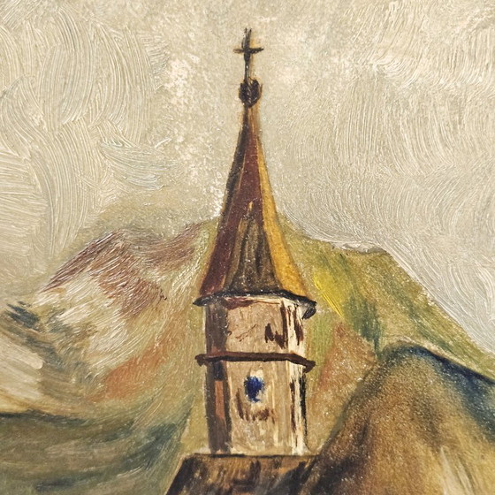 Image 1 of Vintage Oil Painting on Wooden Board | Found in the Attic | Signed by E. Geishofer | Old Church by the Lake | Oak Wood Frame 