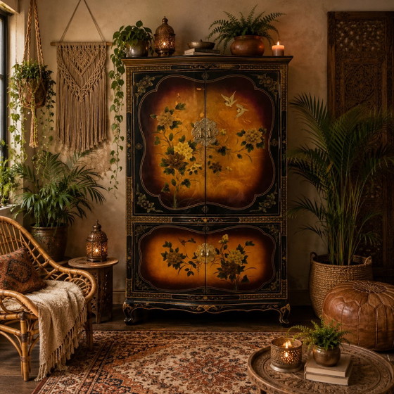 Image 1 of Vintage Chinese Kast Bladgoud Bloemen en Vogels (Barkast) Bohemian Kast / Oosterse Kast