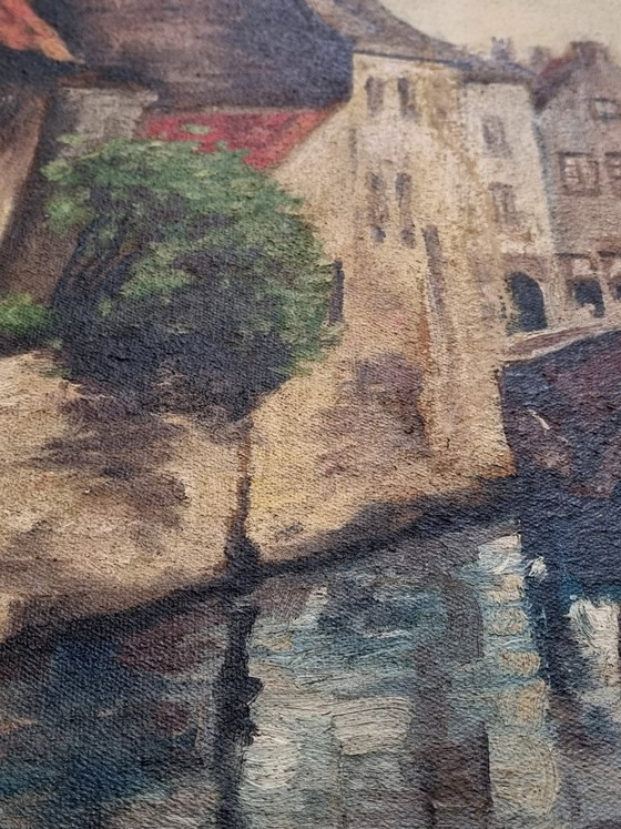 Atmospheric Oil Painting (1935): Historic Canal View of Bruges – Paintings & Drawings, Wood (photo 4 of 6)