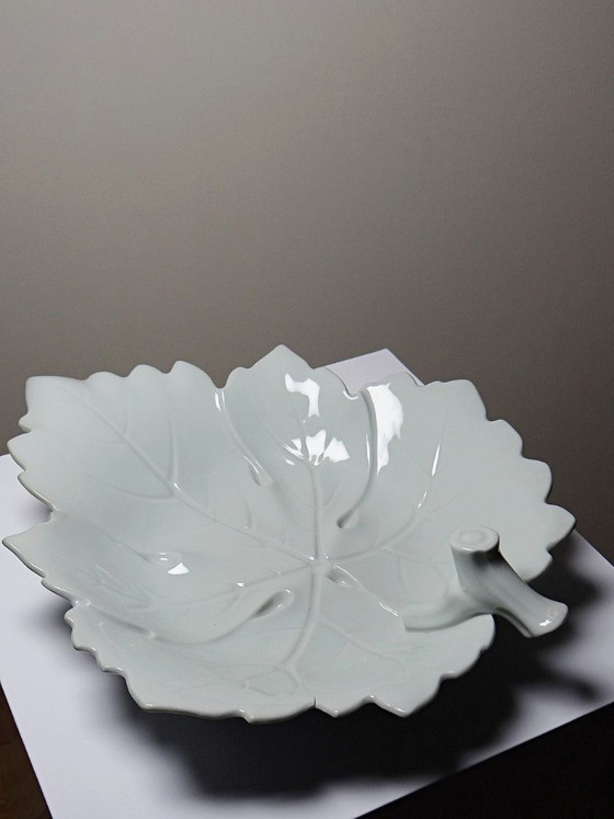 Image 1 of Large celadon porcelain vine leaf bowl by L. Michelaud, Limoges, 1930-50