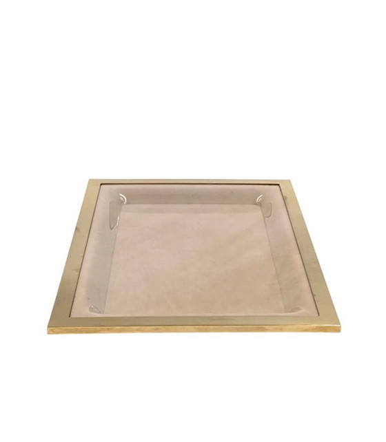 Plateau en lucite couleur crème Hollywood Regency, Italie années 1970, Objets déco, Laiton, Verre, Doré (photo 8 sur 11)