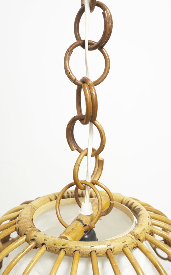 Image 1 of Vintage Rattan Bell Pendant Lamp, Louis Sognot Style Cane Ceiling Light, French Riviera Mediterranean Decor