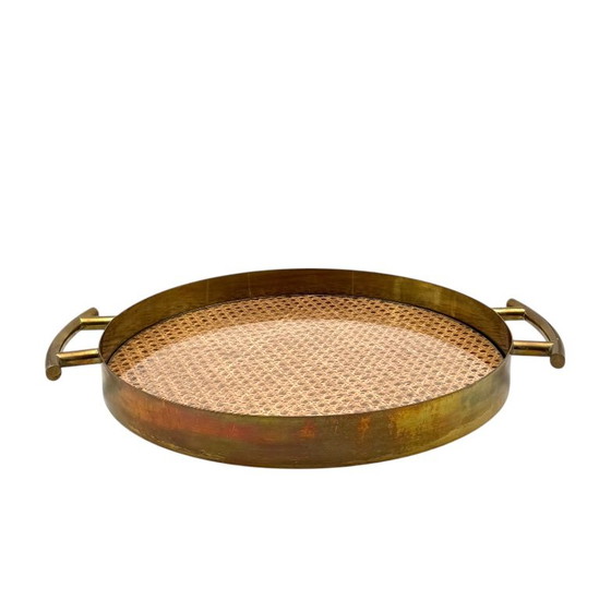 Hollywood regency luxury Vienna straw glass tray, Italy 1970, Table accessories, Brass, Rattan, Gold, Vintage (photo 5 of 7)