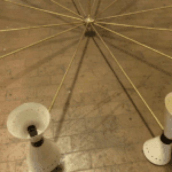 Sputnik Chandelier with 12 Brass Arms and White Shades, Metal, Mid Century Modern (photo 3 of 5)