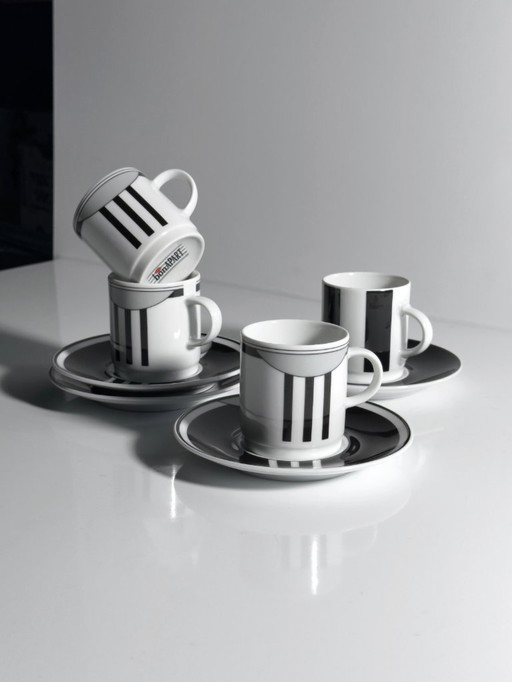 4x Espresso Tassen 80er Art Deco Revival Bon Apart Grafisch Streifen Schwarz Weiß