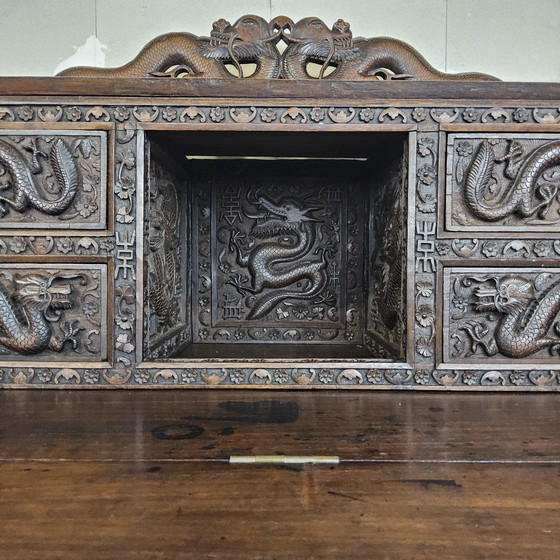 Image 1 of Antique 19th Century Chinese Writing Desk Mythological Dragon Wood Carving / Bohemian / Asian / Oriental (Huanghuali Wood)