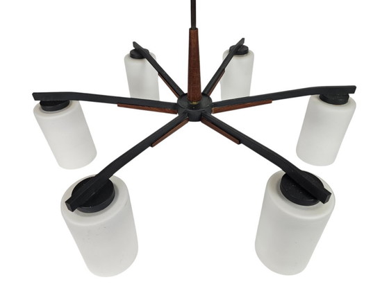 Image 1 of Vintage - Denmark - 6-armed ceiling lamp - teak - metal - opal glass - 60's